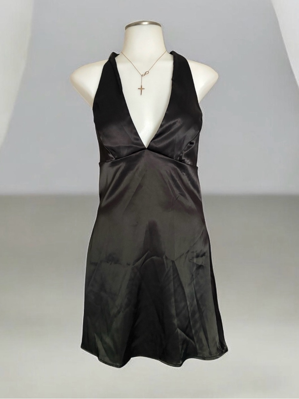 SHEIN Black Satin V-Neck Halter Dress (v)